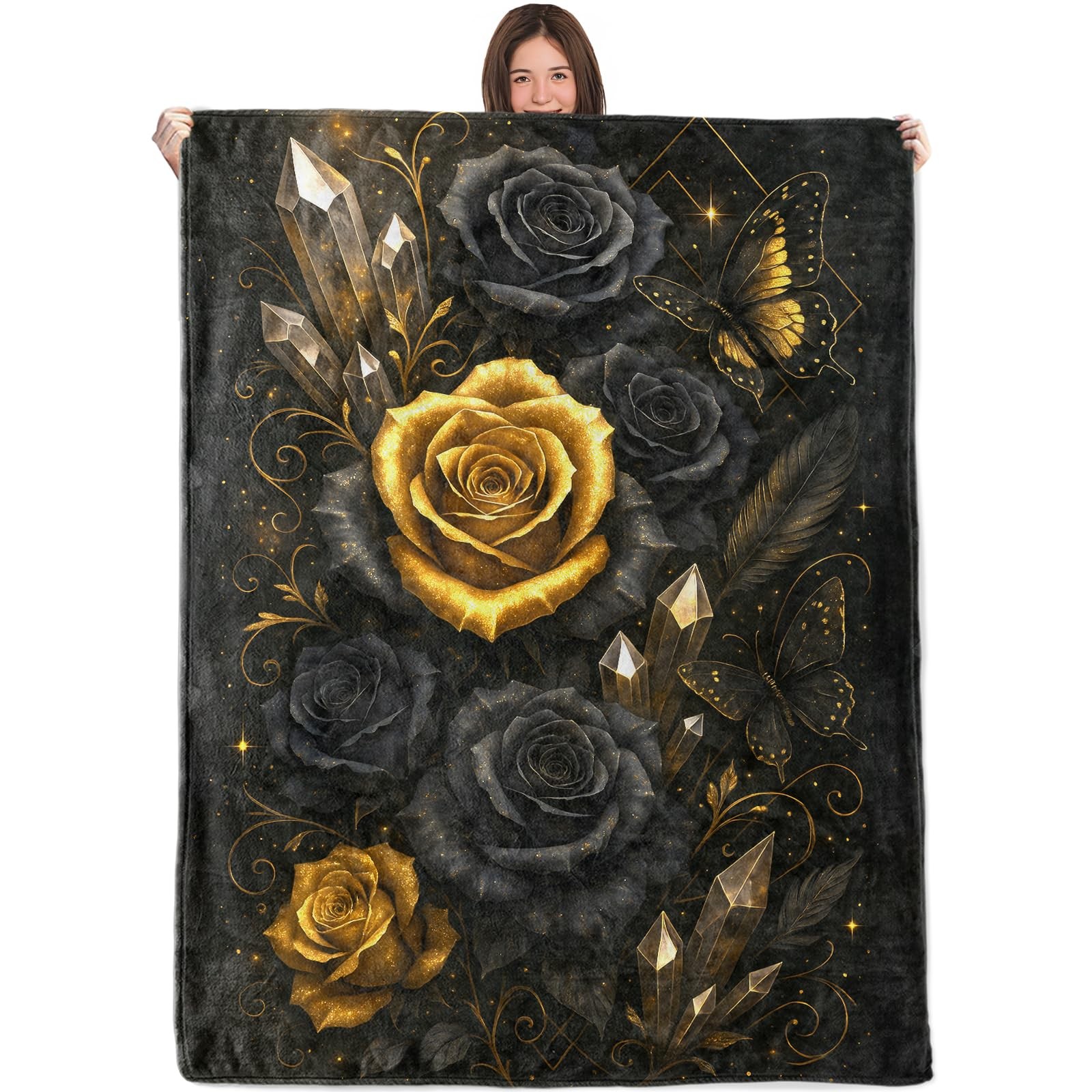 Gothic Black and Gold Rose Blanket,50x60in,Cozy Flannel Thro