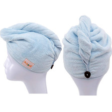 2 Pack Microfiber Hair Drying Towels with Button - Quick Dry Turban Set