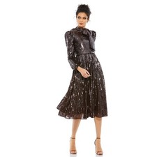 Mac Duggal Brown Sequin Puff Sleeve Midi Dress Size 8 NWT Cocktail Formal