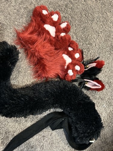 Furry Ears, Tail, and Paw Costume Set - Black Red White - Adult Unisex One Size