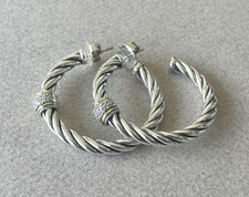 David Yurman Sterling and 18k Metro Pave Cable Hoop Earrings