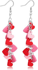 Valentine's Day Earrings for Women - Pink and Red Heart Long Dangle Clay Jewe...