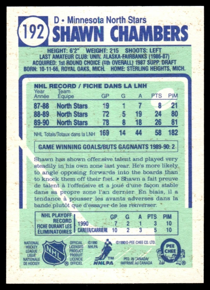1990-91 O-Pee-Chee Shawn Chambers Minnesota North Stars #192 - Image 2 of 2