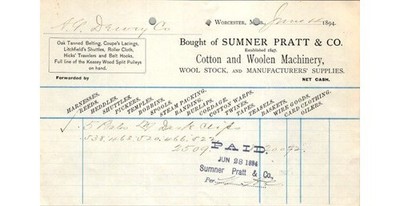 1894 Sumner Pratt & Co Invoice Jute Clips Textile Mill Supply Worcester MA