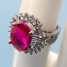 Vintage Pink Glass Cocktail Ring, Size 6.25, Clear Rhinestones, Silver Tone