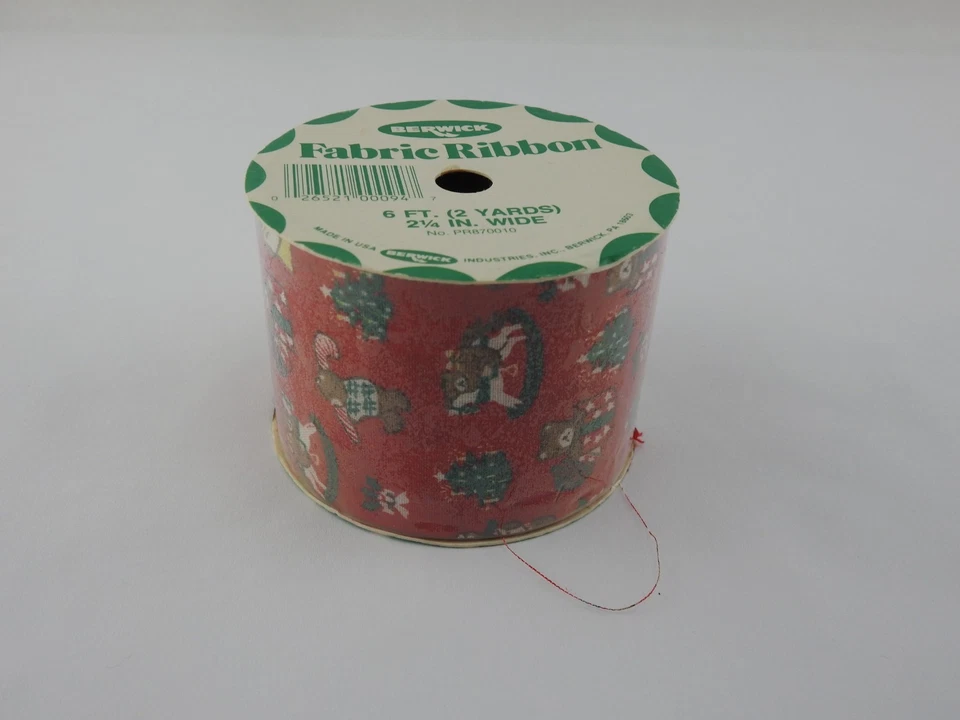 Vintage Berwick Christmas Fabric Ribbon Bears Trees Red 2 Yards 2¼ Inch Wide - Image 2 of 4