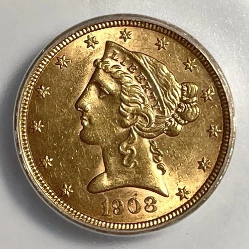 1908 US Liberty Head $5 Dollar Gold Eagle Coin ICG AU58 Philadelphia .900 Fine