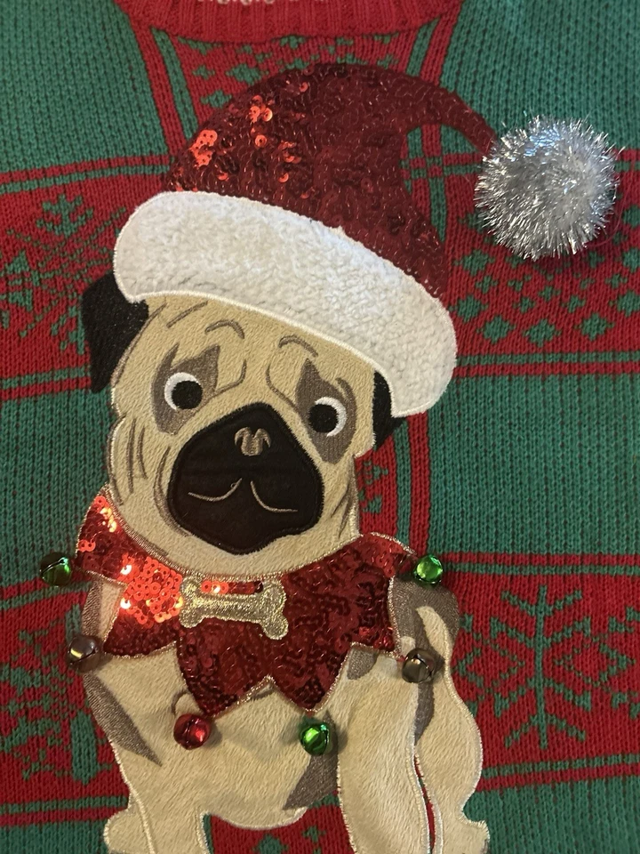 33 Degrees Ugly PUG Christmas Sweater Small Red Green Sequin Accent Jingle Bell - Image 2 of 4
