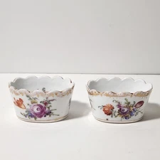 Vintage HandPainted Dresden Flowers Pair Oval Porcelain Open Salt Cellars Dips