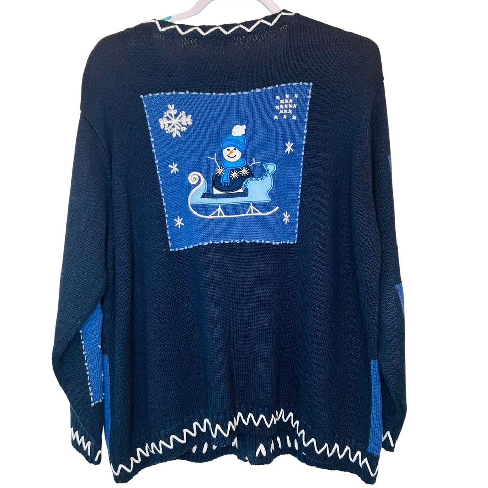 Свитер рождественский праздничный на молнии Dressbarn размер 18/20 синий пэчворк снеговик - Изображение 2 из 4