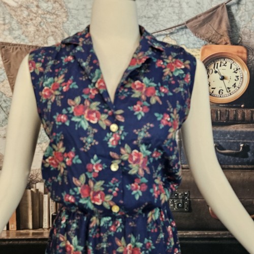 Vintage 1970s Dress Sleeveless Mididress Collar Rich Blue Red Roses Print Retro - Picture 3 of 12