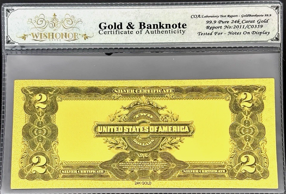1899 $2 SILVER CERTIFICATE BILL US BANKNOTE WITH COA SLEEVE 99.9% 24K GOLD - Image 2 of 4