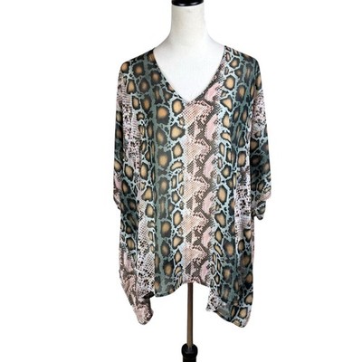 Adrienne S Snake Python Print Chiffon Sheer Oversized Poncho Tunic Blouse
