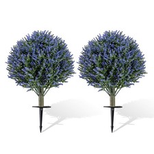 2 Pack Artificial Lavender Topiary Ball Trees, 24"Faux Evergreen Shrubs w/Spike.