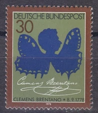 Germany 1978 MNH Mi 978 Sc 1279 Clemens Brentano,poet.Brentano as Butterfly **