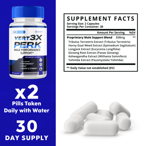 Vert3X Perk Male Pills Advanced Vitality Support Formula Supplement 300 Capsules - Picture 4 of 13