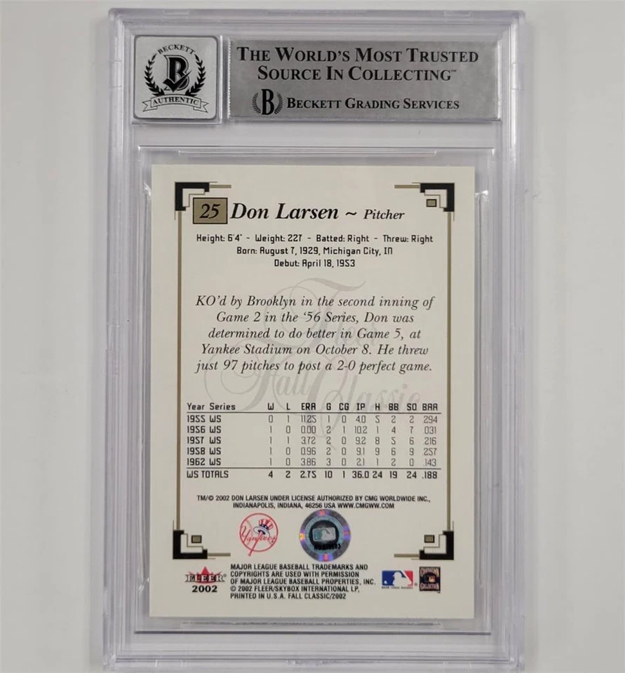 Don Larsen signed 2002 Fleer Fall Classics #25 card autograph BGS BAS 10 auto - Image 2 of 2