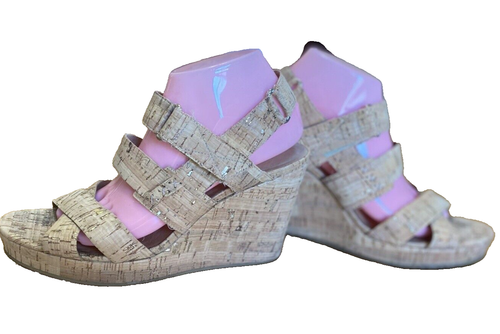 Donald J Pliner Gretel 2 Metallic Cork Wedge Sandals Shoes Size 8 tan leather - Picture 3 of 18