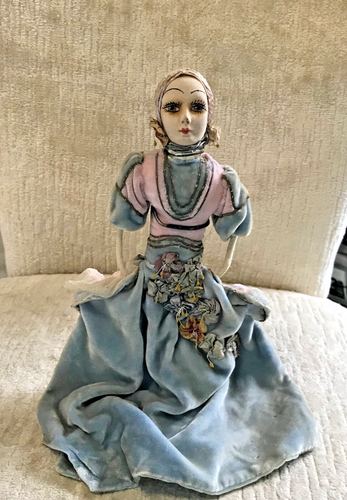 ANTIQUE ARTISAN MADE PAINTED DOLL & VELVET DRESS/FLOWERS STAND/ORNAMENT 1800’S - Picture 2 of 18