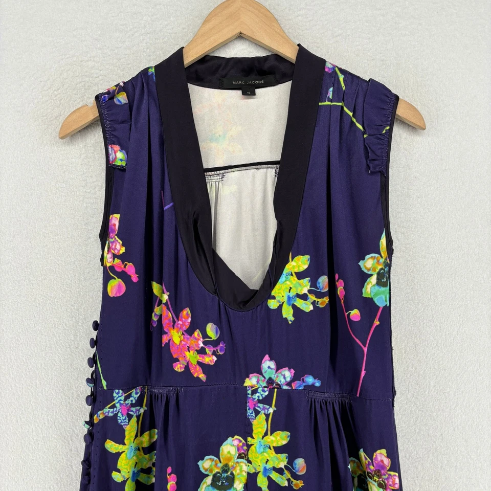 Vestido MARC JACOBS RUNWAY 10 Seda Satén Floral Sin Mangas Cremallera Lateral Azul Foto 3 de 4