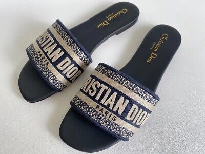 CHRISTIAN DIOR DWAY NAVY BLUE FABRIC SLIDES SANDALS SHOES 37 CHRISTIAN DIOR DWAY NAVY BLUE FABRIC SLIDES SANDALS SHOES 37