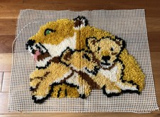 Vintage Latch Hook Completed Rug Wall Hanging Mother Lion Cat  Cubs 80's