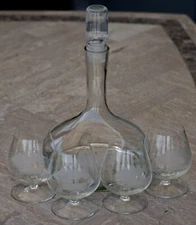VINTAGE Decanter Set With 5 Snifters Etched Glass Clipper Ship AS IS!
