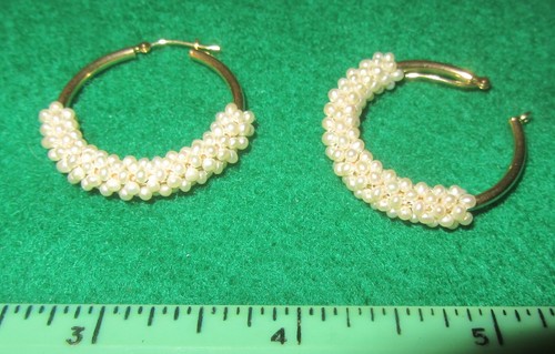 14K gold hoop seed pearls wrapped earrings 4.2g - Picture 2 of 4