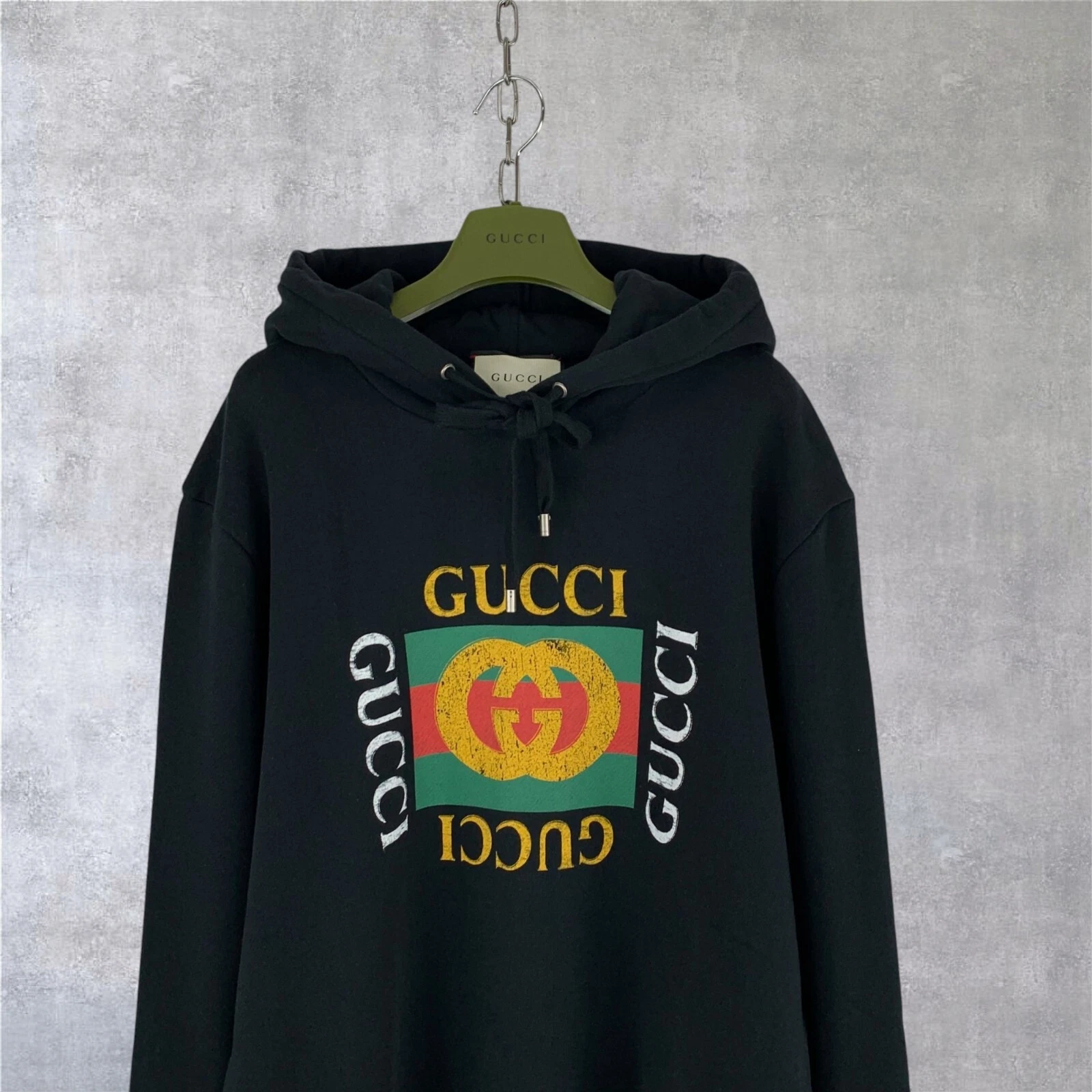 Felpa con cappuccio Gucci GG logo anteriore monogramma cotone invecchiato nera taglia L