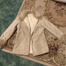 Small Marvin Richards Penny Lane 100% Leather Shell Coat Beige W/ Faux Fur Trim