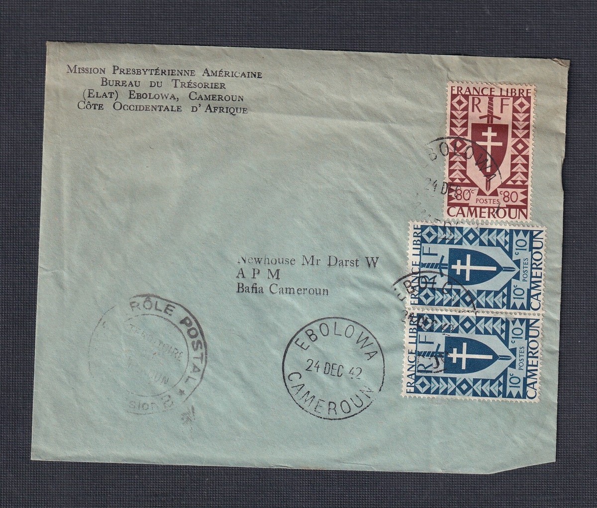 FRENCH CAMEROON 1942 WW2 MULTIPLES ON CENSORED COVER EBOLOWA TO