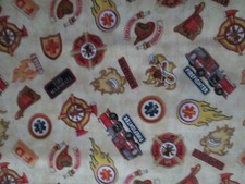 FIREMEN BADGES PATCHES FD FLAMES FIRETRUCK MORE CREAM COTTON FABRIC FQ