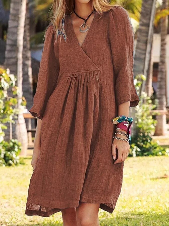 Women's Summer Cotton Linen A-line Dress Casual V-Neck Modest Dress