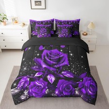 Purple Rose 7 Piece Bedding Set Queen Size for Boys Girls Teens Rose Floral F...