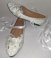 Wedding Ballet Shoes Size 8.5/40 White Ankle Ties Lace Pearl Embellished Comfy