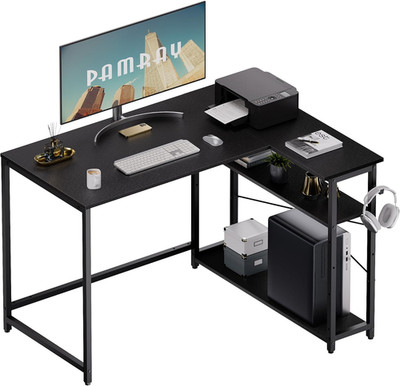 43 Inch L Shaped Computer Desk with Reversible Side Storage Shelves, Small Corne
