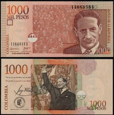 COLOMBIA 1000 PESOS 8/15/2007 UNC JORGE ELIECER GAITAN AT RIGHT,CROWN AT CENTER,