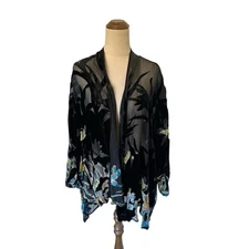 Citron Plus Size 2XL Black Silk Rayon Burnout Velvet Kimono Jacket Art to Wear