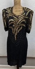 Mark & John Vintage 80s Black Beaded Gold Sequin Silk Party Dress Large??  READ