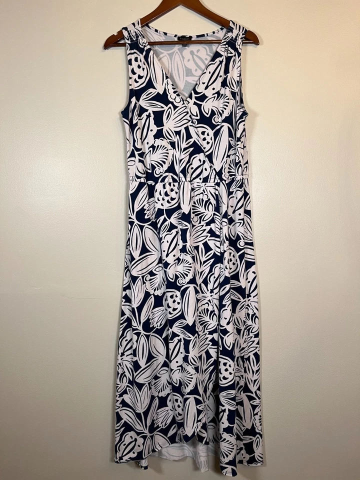 Talbots искусственного надежном макси платье женщин L синий белый цветочный без рукавов VNeck эластичной - Изображение 2 из 4