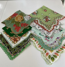 Vintage Ladies Hankies Lot Of 10 - SCALLOPED EDGE - SHADES OF GREEN EX COND