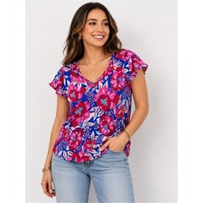 Signature Studio Women's 100% Linen Floral V-Neck Flutter Sleeve Top Blue XL