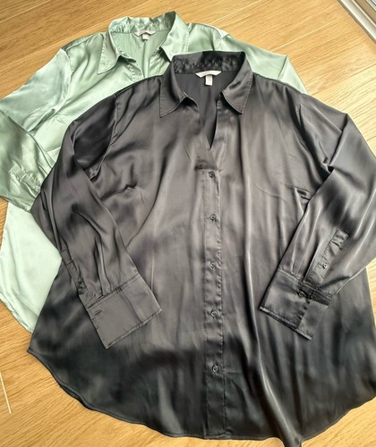 H&M V-neck Blouse Bundle (x2), Silky Sheen Fabric, Black & Pale Green - XL