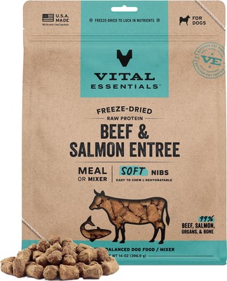 NEW  14oz Vital Essentials Freeze Dried Raw SOFT Nibs BEEF & SALMON Entree