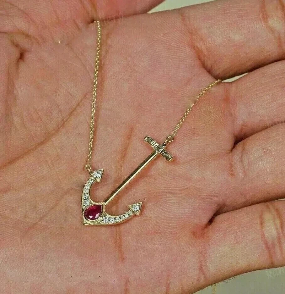 2.0Ct Rd Cut created Diamond Ruby Women's Anchor Pendant 14K Yellow Gold Plated - Image 3 of 4