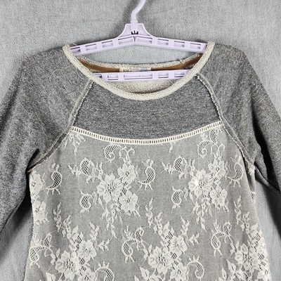 Jolt Sweater Juniors Medium Gray Lace Front Floral Raglan Knit Crew Pullover