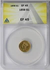 1858 Indian Princess Head Gold Dollar $1 XF EF 45 ANACS
