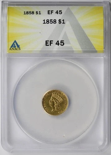 1858 Indian Princess Head Gold Dollar $1 XF EF 45 ANACS