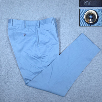 PT01 Pants Men's EU50/US 34x33 Easy Fit Blue Wool & Cotton Twill Slacks Trousers