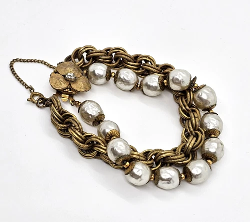 VHTF Mid Century  Miriam Haskell Gold Tone Pearl  Bracelet 7 1/2" Signed